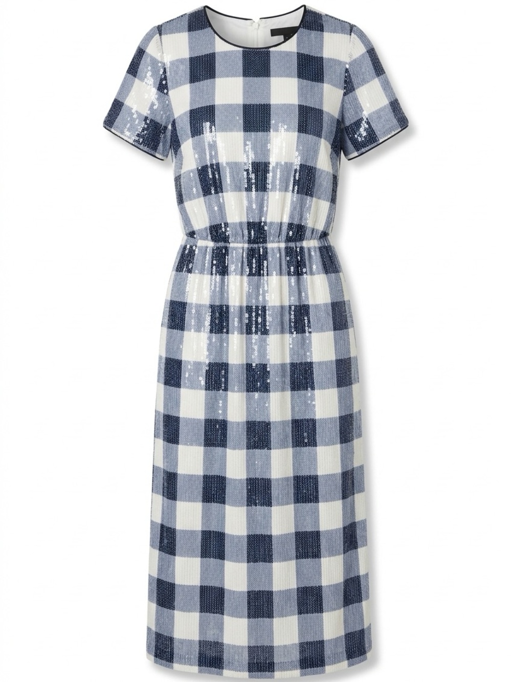 J. Crew Blue and White Gingham Sequin Midi Dress
